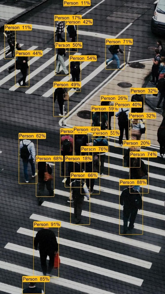AI computer vision detecting people in a city crosswalk